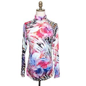Boston Proper So Chic Floral Animal Print Ruched Silky Turtleneck Size S Pink
